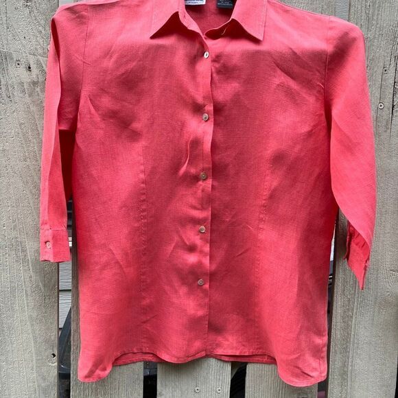 WILLI SMITH M Button Down 3/4 Sleeve Orange 100% Irish Linen Shacket Shirt - Picture 1 of 11